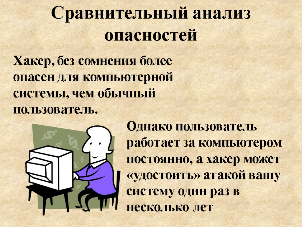 Сравнительный анализ опасностей Хакер, без сомнения более опасен для компьютерной системы, чем обычный пользователь.